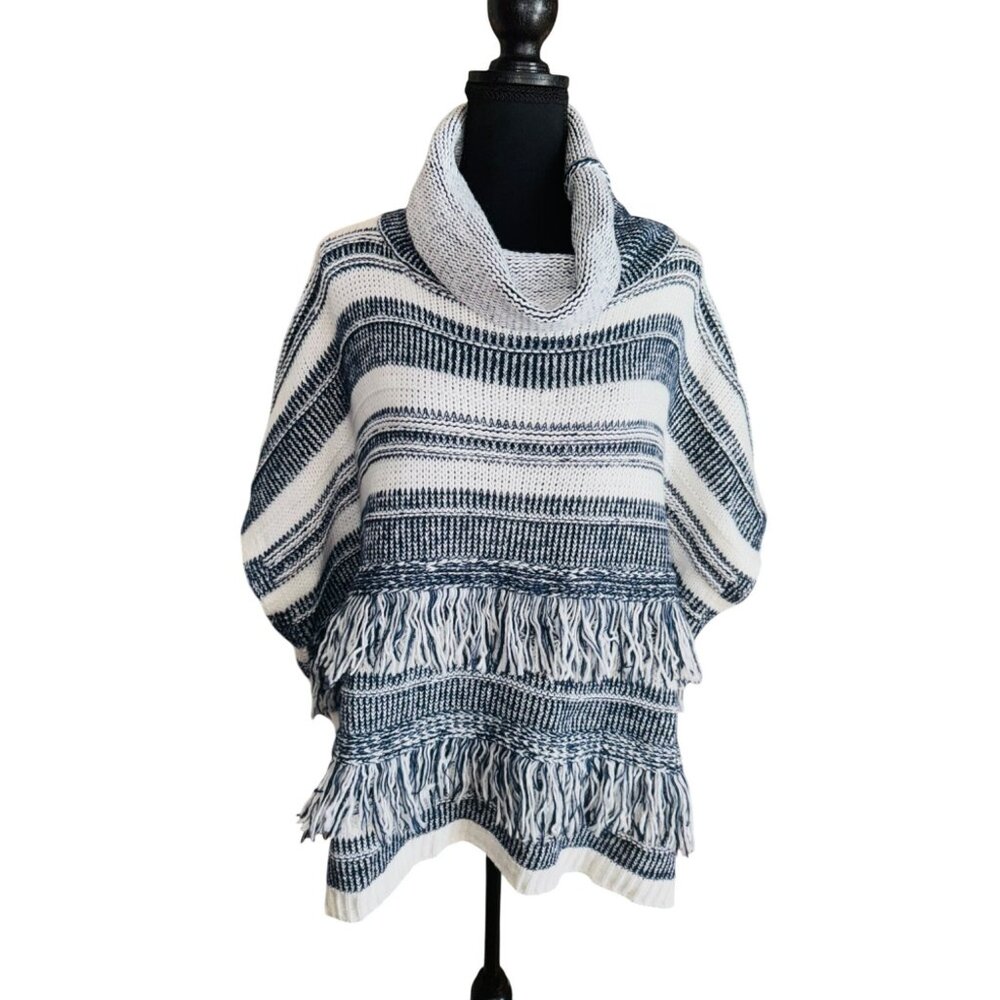 Linda Anderson Striped Cowl Neck Blue White Poncho Fringe One Size Sweater boho